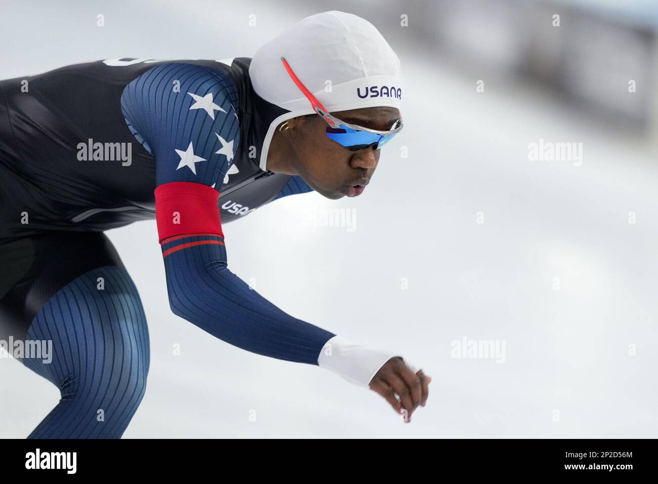 HEERENVEEN, NETHERLANDS - MARCH 4: Erin Jackson of United States of America competing on the 1000m Women during the ISU World Speed Skating Championships 2023 on March 4, 2023 in Heerenveen, Netherlands (Photo by Douwe Bijlsma/Orange Pictures) Stock Photo