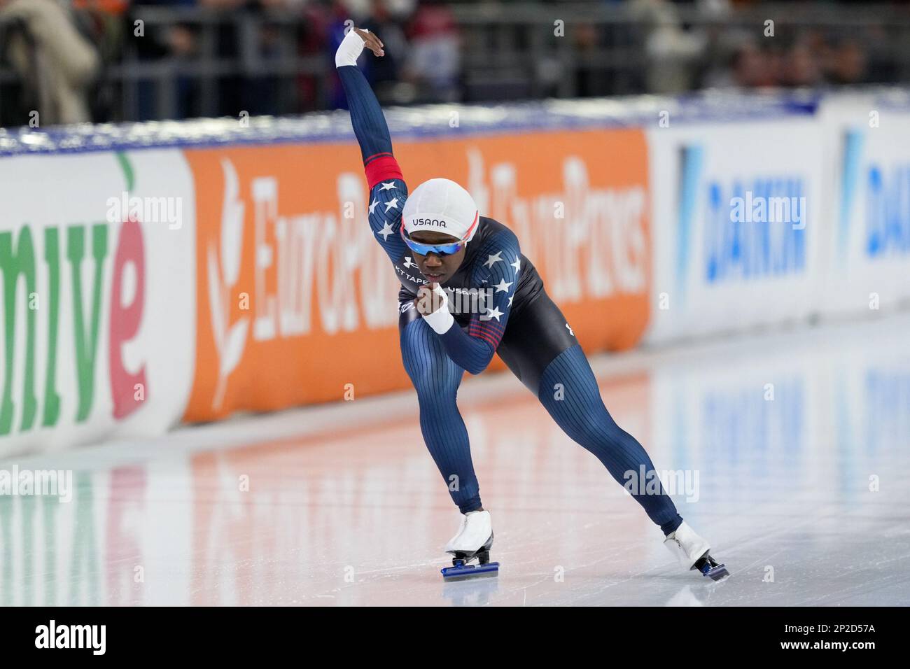 HEERENVEEN, NETHERLANDS - MARCH 4: Erin Jackson of United States of America competing on the 1000m Women during the ISU World Speed Skating Championships 2023 on March 4, 2023 in Heerenveen, Netherlands (Photo by Douwe Bijlsma/Orange Pictures) Stock Photo