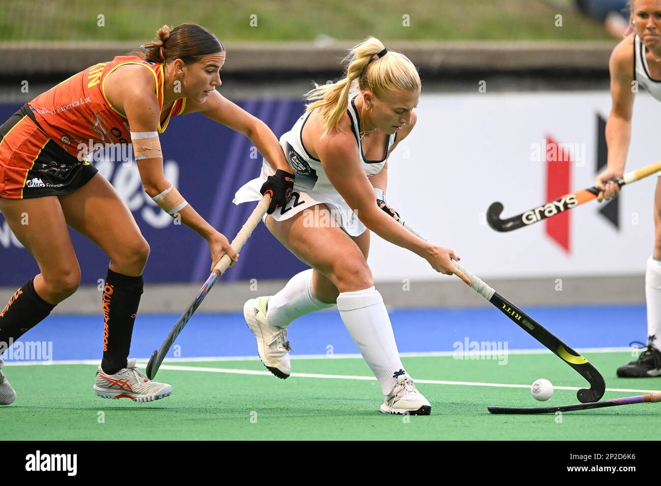 Hobart, Australia. 04th Mar, 2023. Shanea Tonkin (L) of Australia National Women's field hockey team and Jacqueline Sumfest (R) of USA National Women's field hockey team in action during the 2022/23 International Hockey Federation (FIH) Women's Pro-League match between Australia and USA at Tasmanian Hockey Centre. Final score; Australia 2:1 USA (Photo by Luis Veniegra/SOPA Images/Sipa USA) Credit: Sipa USA/Alamy Live News Stock Photo