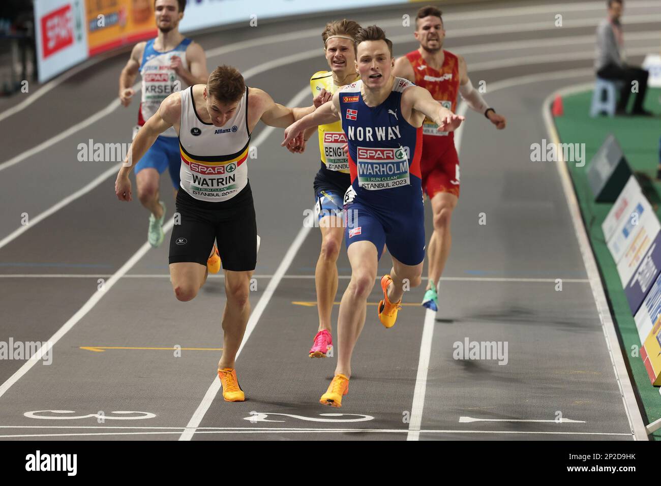 Men 400 Meter Racing Karsten Warholm, of Norway, crosses the finish line to win the Men 400 ...