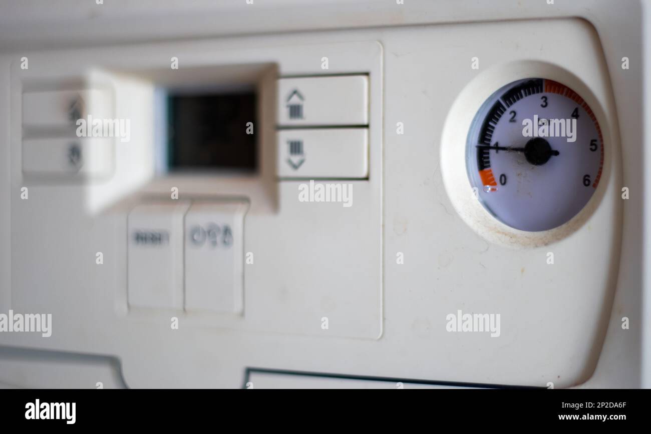 Gas pressure meter on the panel of the heating gas boiler. Symbolic