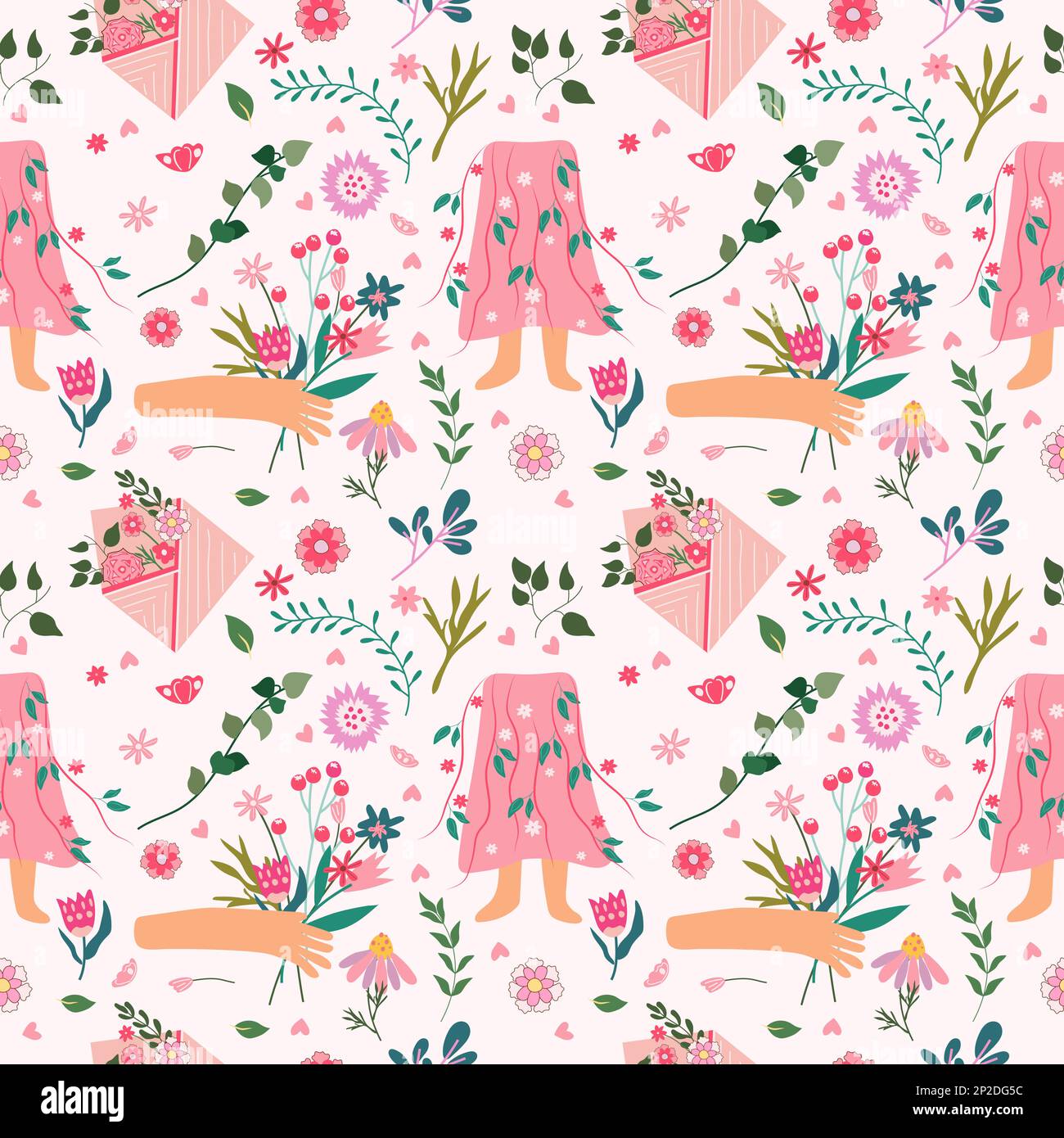 Spring seamless pattern with a hand holding a bouquet of flowers ...