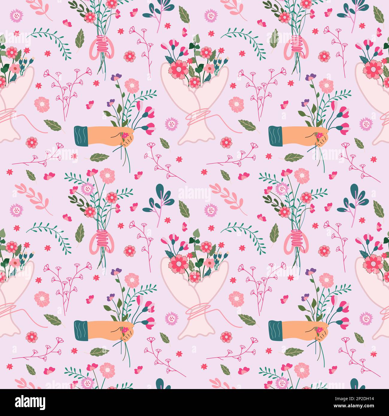 Spring seamless pattern with a hand holding a bouquet of flowers ...