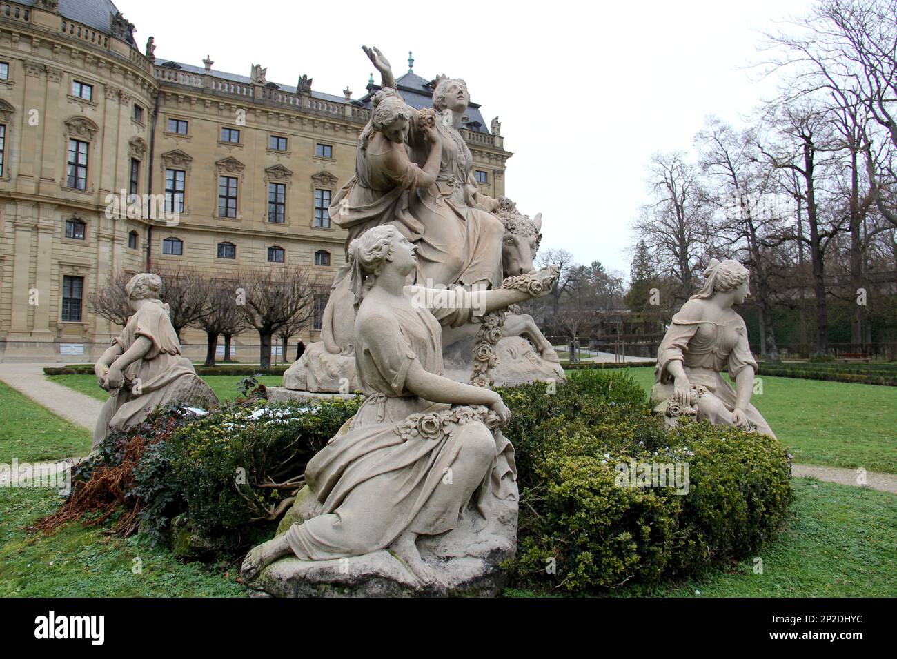 The Abduction of Europa, sculptural group in the Court Gardens of the Residenz, 18th-century baroque Prince-Bishops Palace, Wurzburg, Germany Stock Photo