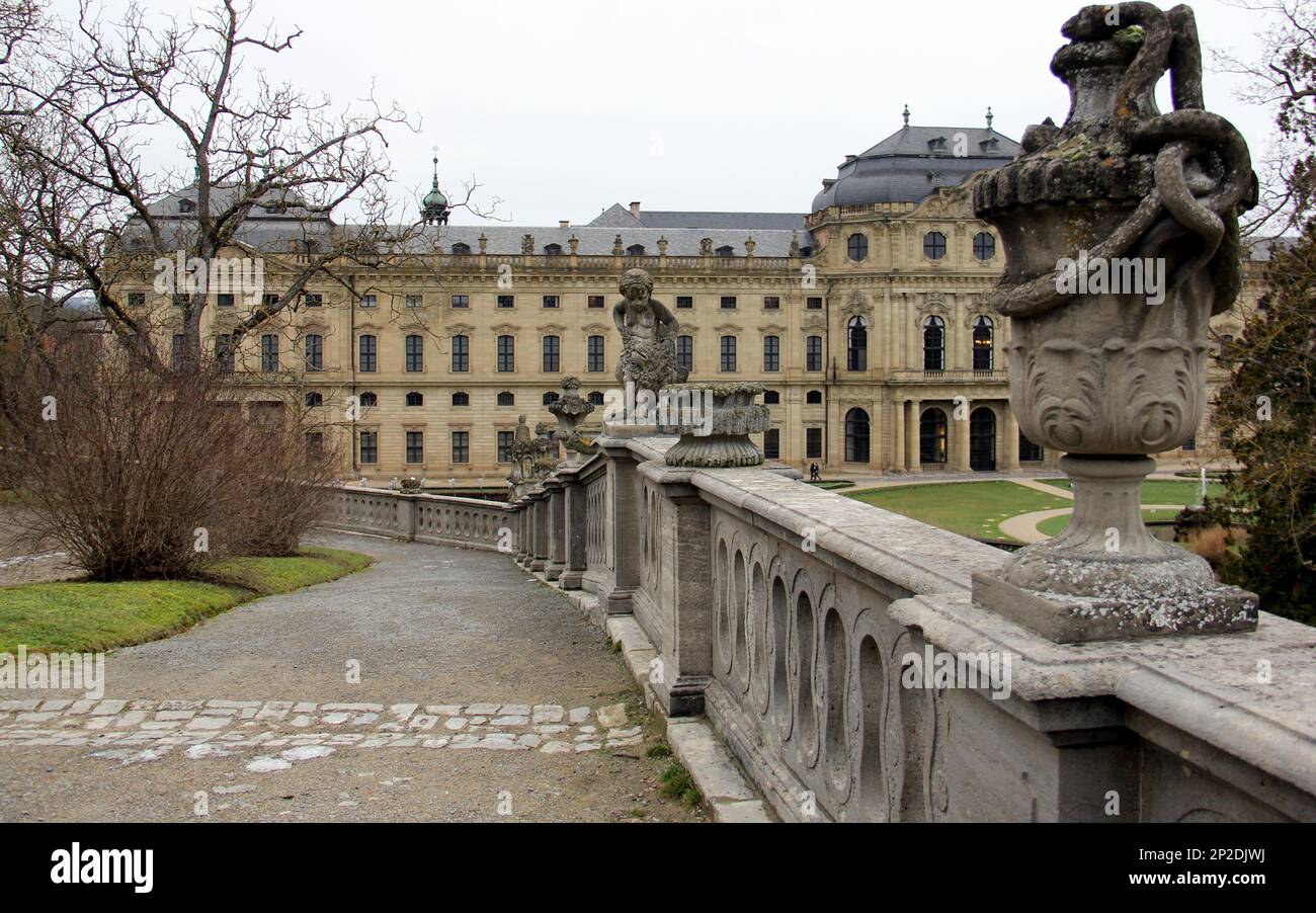 Balustrade decorated with sculptures, in the Bastion section of Court Gardens of the Residenz, baroque Prince-Bishops Palace, Wurzburg, Germany Stock Photo