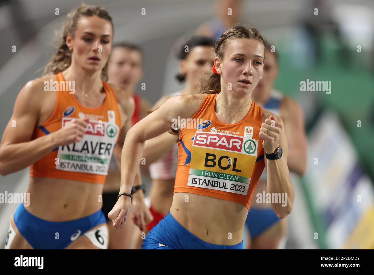 Femke Bol, of the Netherlands, and Lieke Klaver, left, also of the Netherlands, run in the Women 400 meters final at the European Athletics Indoor Championships at Atakoy Arena in Istanbul, Turkey,