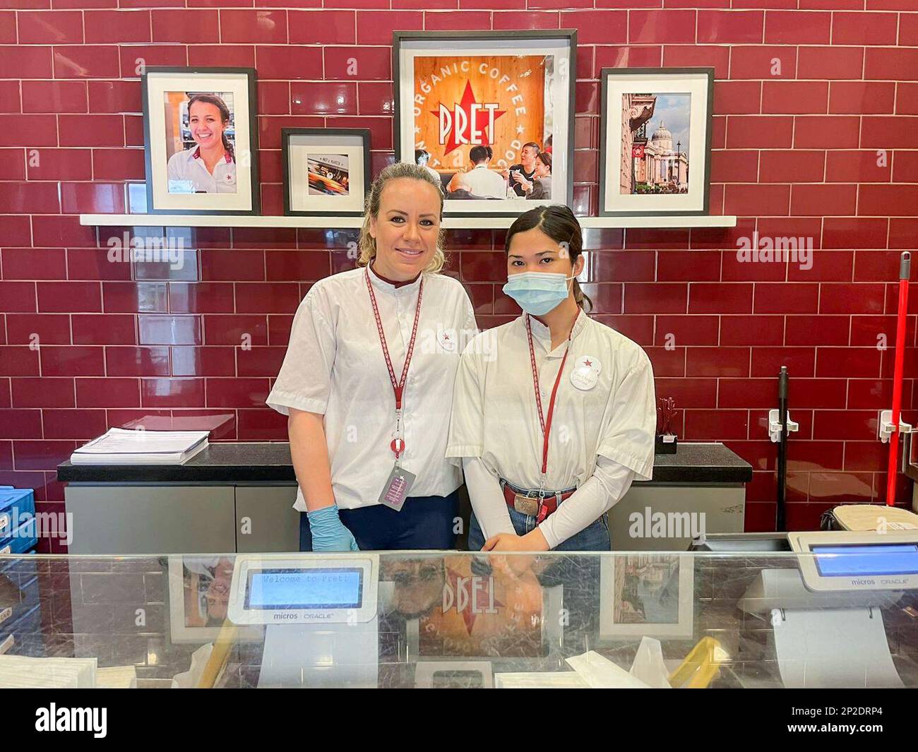 Pret A Manger employees get to choose whether they get to keep their masks on or not. (Left: Caroline Fronza. Right: Josua Repollo), on the first day of the city's mask mandate scrapped. 01MAR23 SCMP/Rachel Yeo Stock Photo
