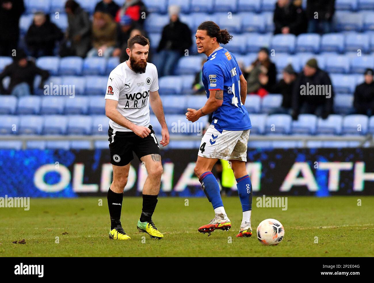 during the Vanarama National League match between Oldham Athletic and  Altrincham at Boundary Park, Oldham on Friday 7th April 2023. (Photo: Eddie  Garvey