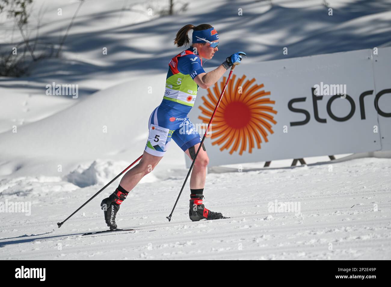 Planica, Slovenia. 4 March, 2023. It was so warm for the women’s 30-kilometer classic race at the 2023 FIS World Nordic Ski Championships in Planica, Slovenia, 4 March, 2023, that Finland's Krista Parmakoski  opted to wear shorts. Credit: John Lazenby/Alamy Live News Stock Photo