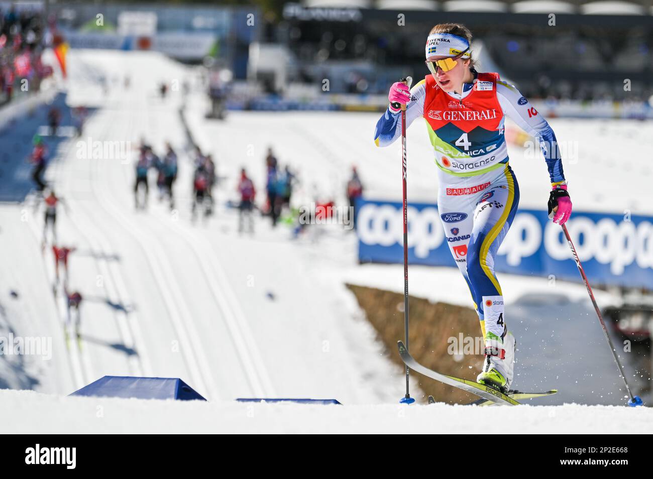 Planica, Slovenia. 4 March, 2023. Sweden's Ebba Andersson leads the women’s 30-kilometer classic race at the 2023 FIS World Nordic Ski Championships in Planica, Slovenia. She won the race. Credit: John Lazenby/Alamy Live News Stock Photo