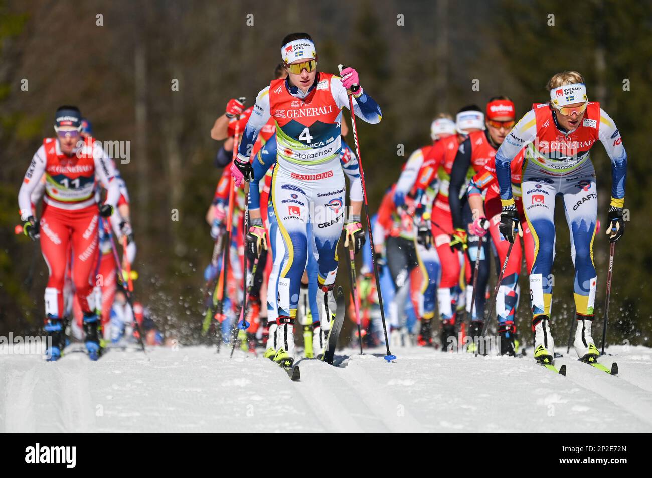 Planica, Slovenia. 4 March, 2023. Sweden's Ebba Andersson leads the women’s 30-kilometer classic race at the 2023 FIS World Nordic Ski Championships in Planica, Slovenia. She won the race. Credit: John Lazenby/Alamy Live News Stock Photo