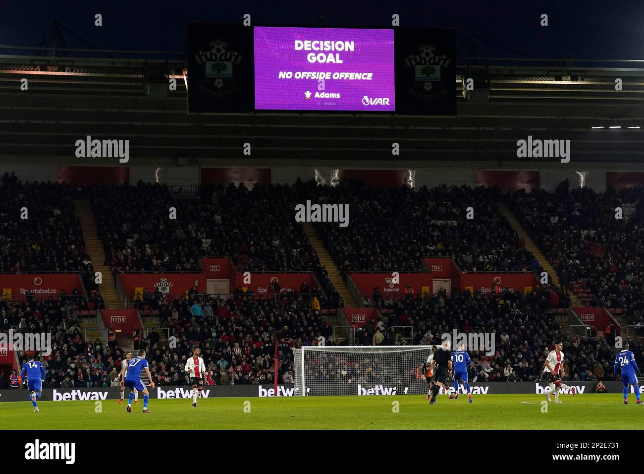 The large screen shows the VAR check resulting in no offside offence ...