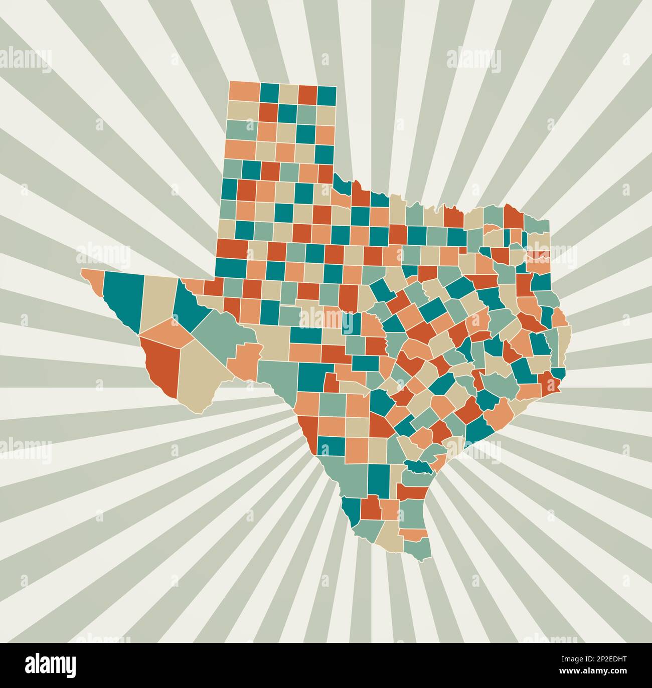 Texas map. Poster with map of the us state in retro color palette. Shape of Texas with sunburst rays background. Vector illustration. Stock Vector