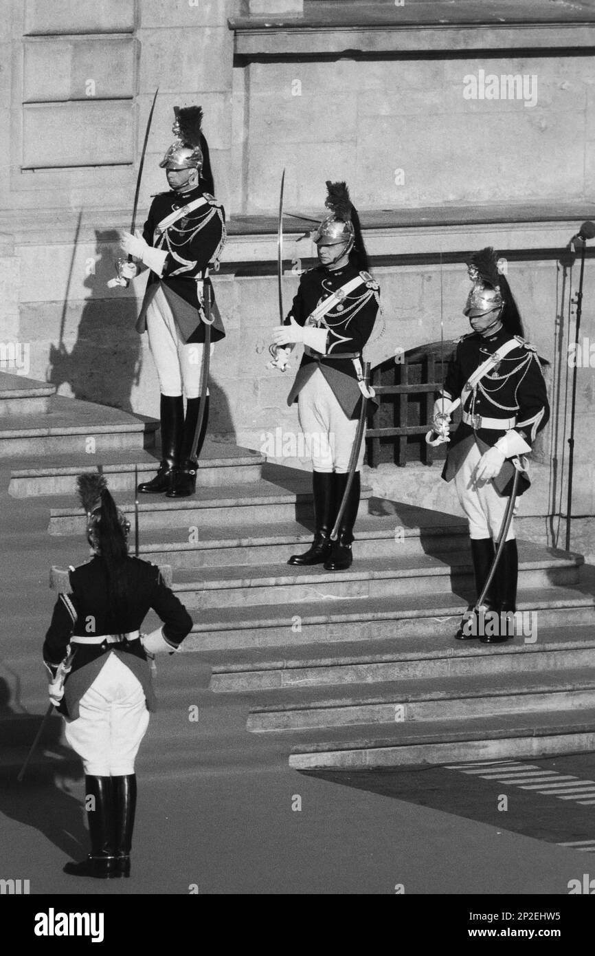 Archives 90ies: G7 summit, Preparing the arrival of the Heads of States, French Republican guard, Lyon, France, 1996 Stock Photo