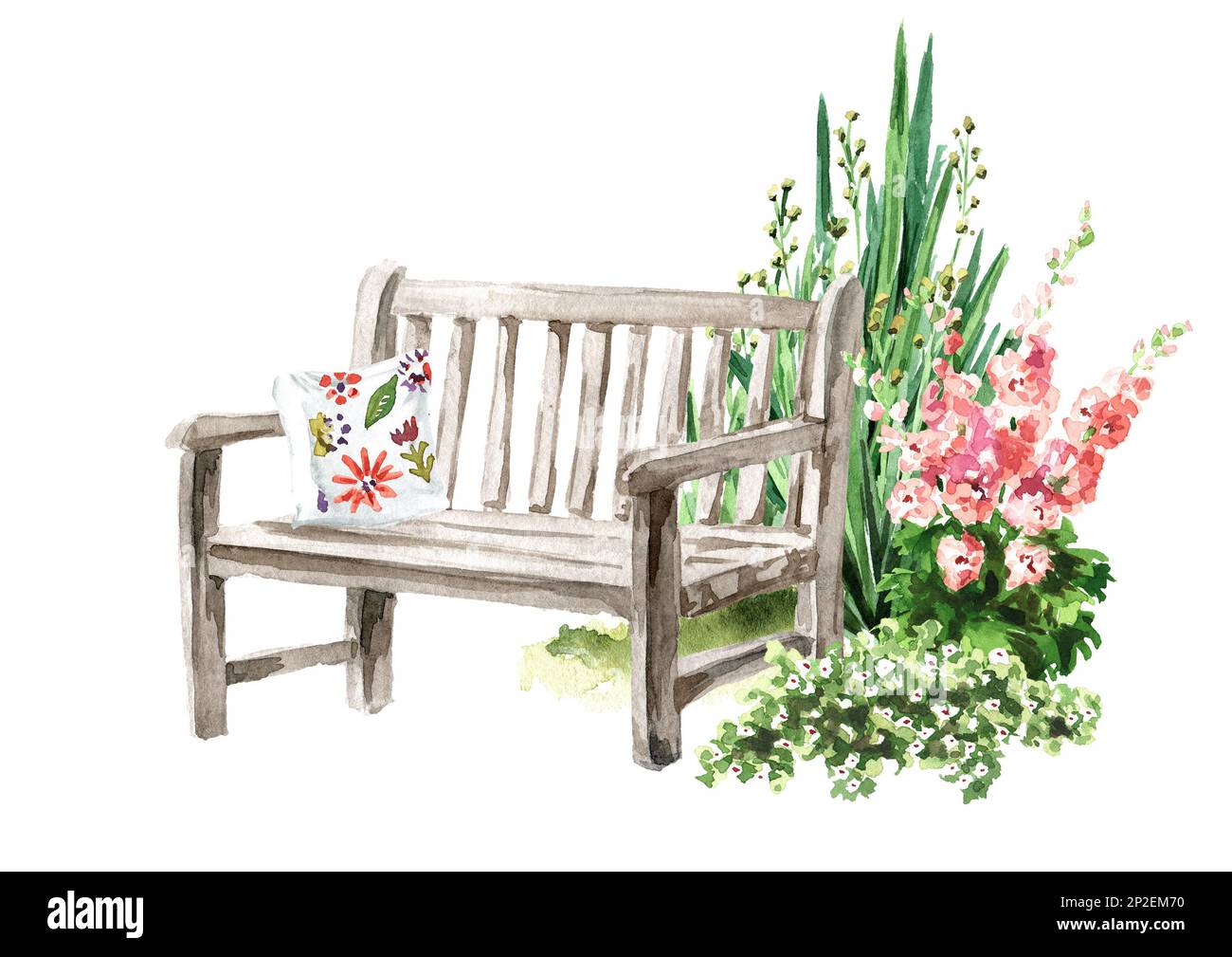 Garden bench among ornamental shrubs and flowers. Landscape design ...