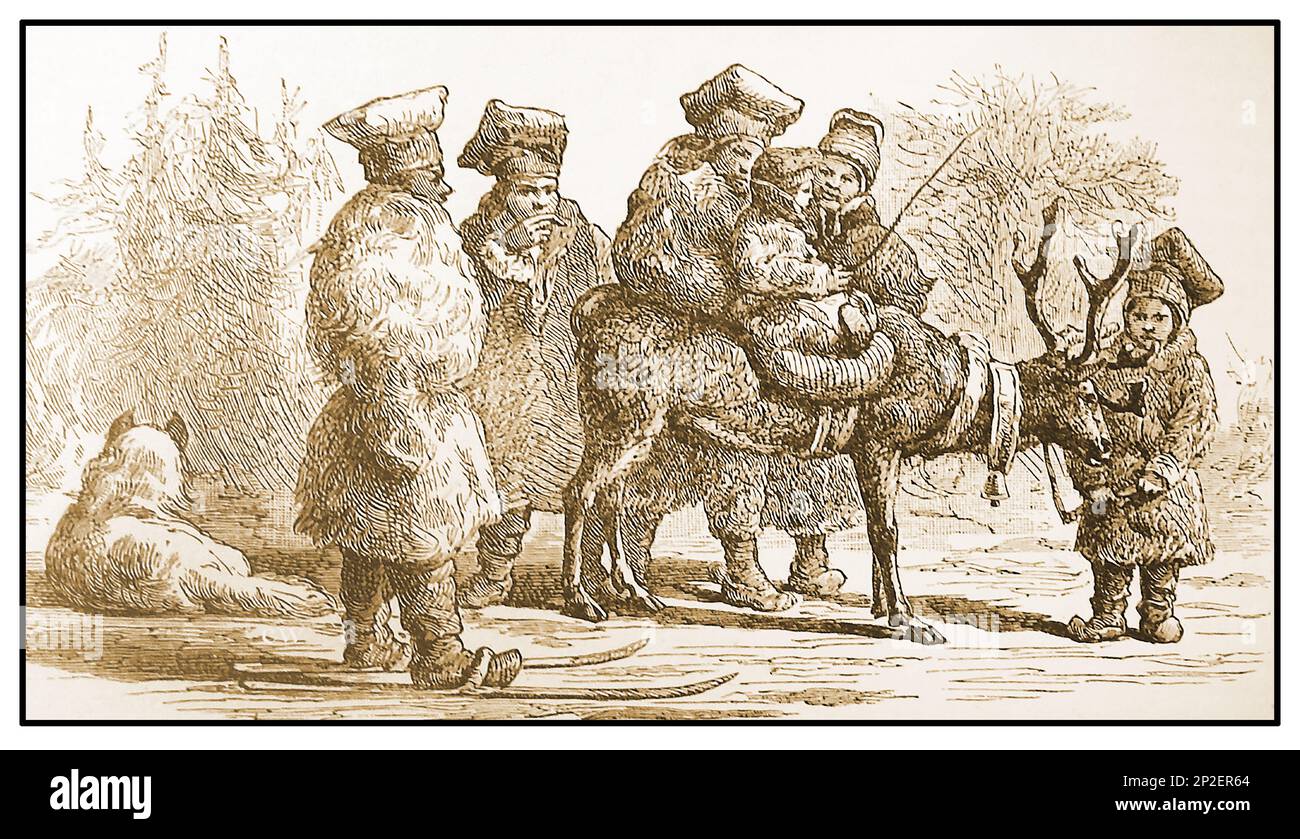 A   19th century illustration also Laplanders in traditional dress & with their reindeer and skis , Lapland also known as  Samenland and Together  is the cultural region traditionally inhabited by the  Lappen people. Lapland extends over other regions in  northern   Norway, Sweden, Finland and Russia. Stock Photo