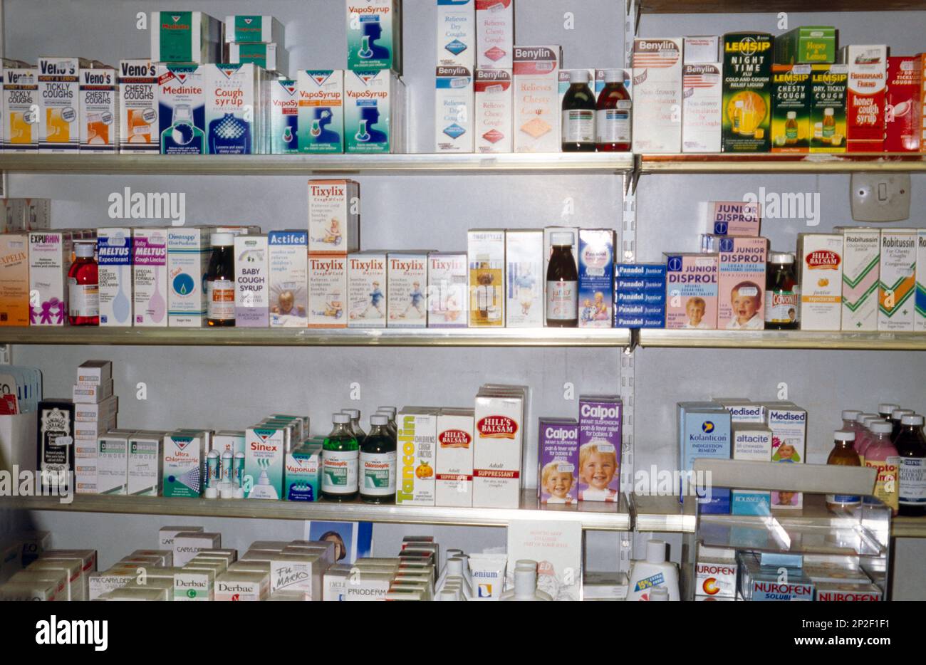 Cough and Cold Medication on Sale at Chemist Surrey England Stock Photo