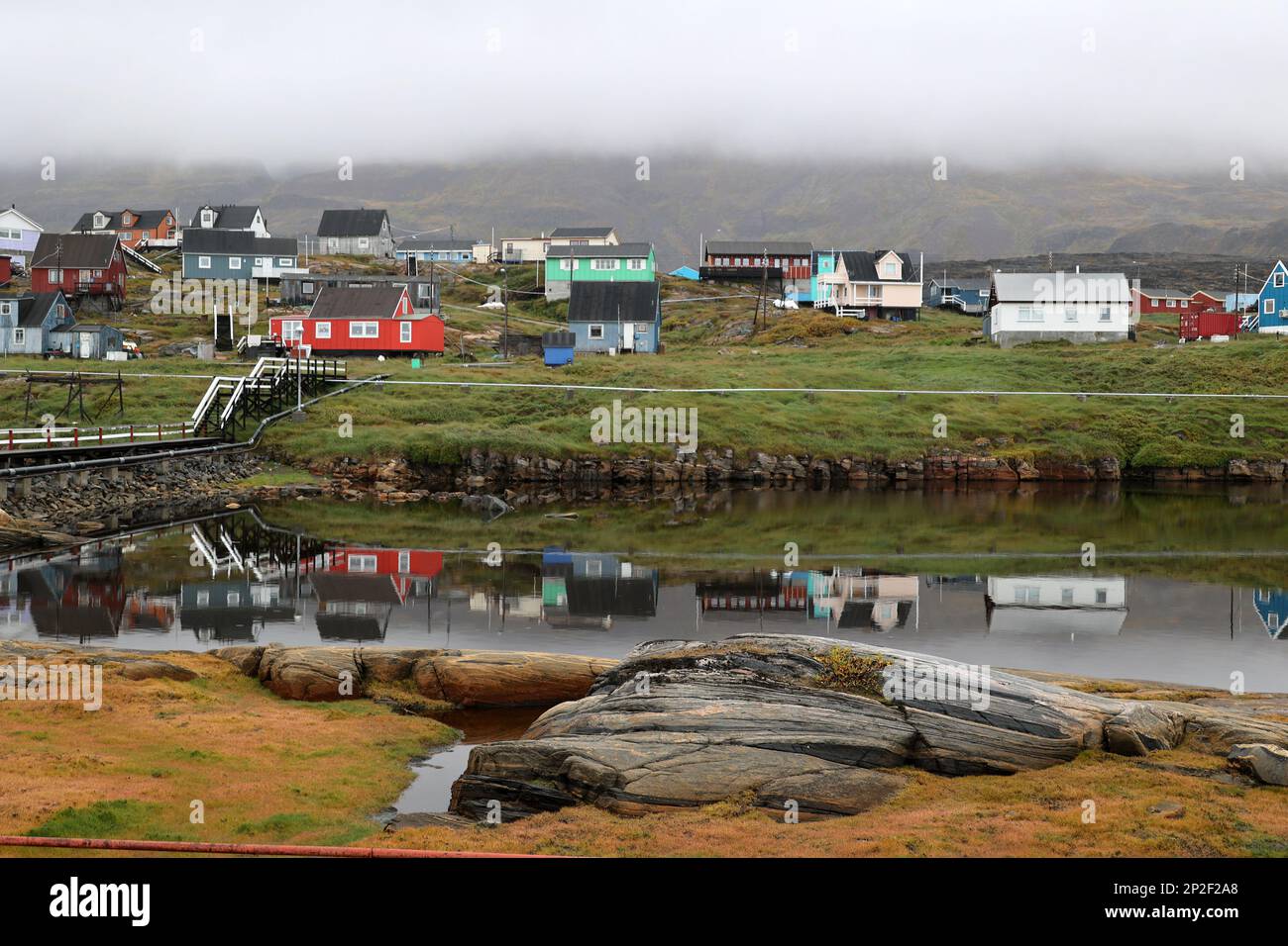 View of the colorful houses of Qeqertarsuaq, Greenland, Denmark Stock Photo