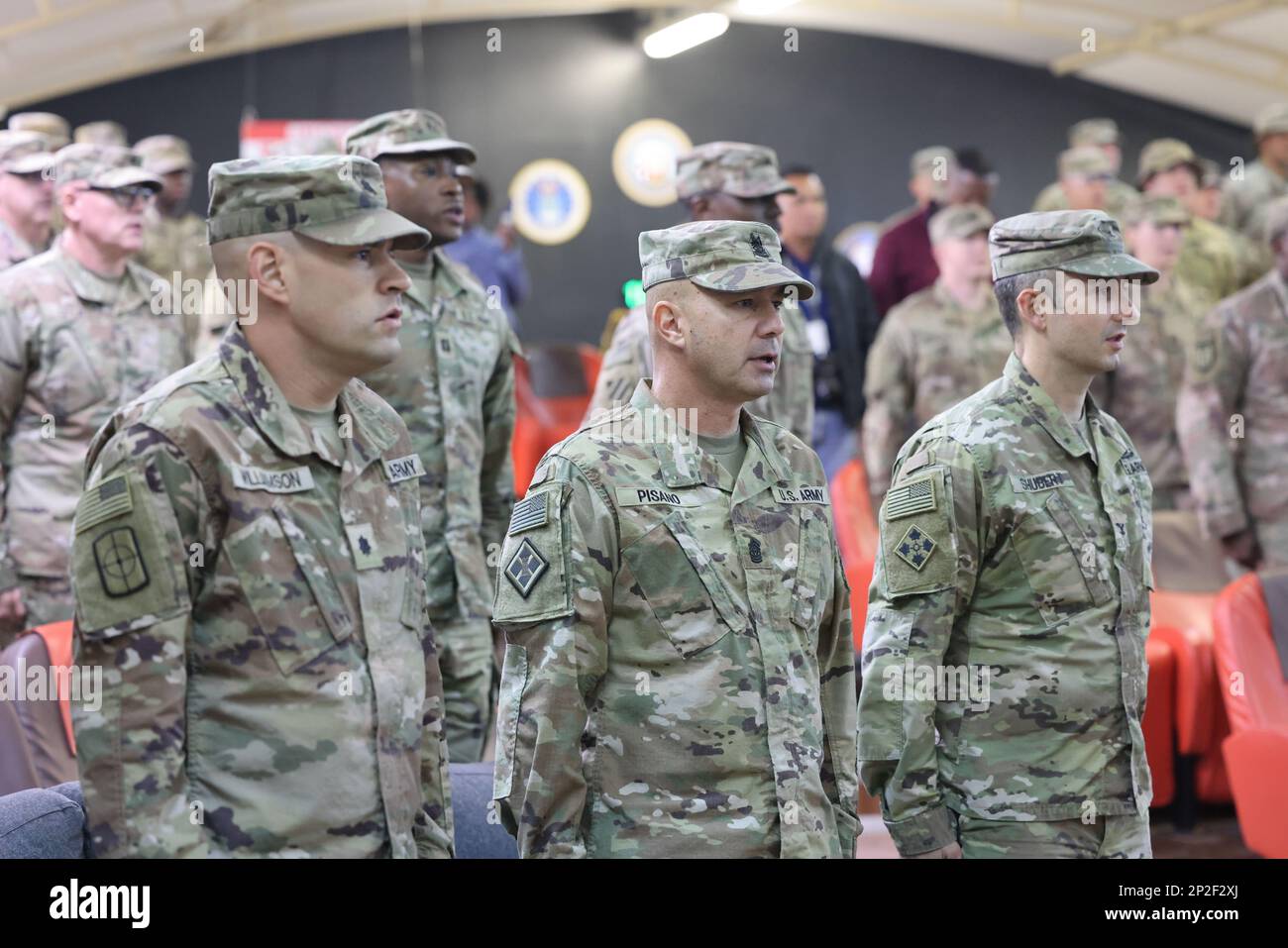 At Camp Buehring, Area Support Group - Kuwait holds a Change of Responsibility Ceremony for the transition of the base support battalion's senior non-commissioned officer. Incoming Command Sgt. Maj. Ruben F. Borja replaces outgoing Command Sgt. Maj. Scott J. Lund as BSB NCOIC, January 13, 2023. Stock Photo