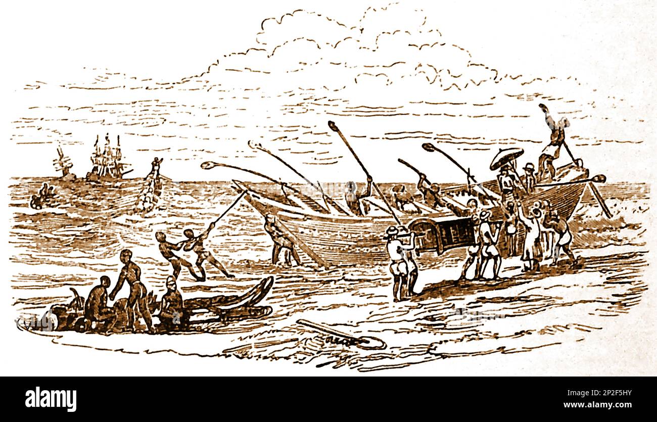 A 19th century illustration of an Indian Masoola boat used for transporting passengers and goods to shore from visiting sailing ships, Masoolas are traditionally  made of planks sewed together with strands of coir and  cross over a wadding and used  at Madras and other places in India,  19 ஆம் நூற்றாண்டில் பாய்மரக் கப்பல்களில் இருந்து பயணிகளையும் பொருட்களையும் கரைக்கு கொண்டு செல்லப் பயன்படுத்தப்படும் இந்திய மசூலா படகின் எடுத்துக்காட்டு Stock Photo