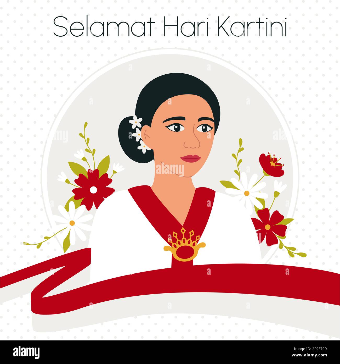 Raden Adjeng Kartini the hero of women and human right in Indonesia. Selamat Hari Kartini Means Happy Kartini Day. Asian woman surrounded with flowers Stock Vector