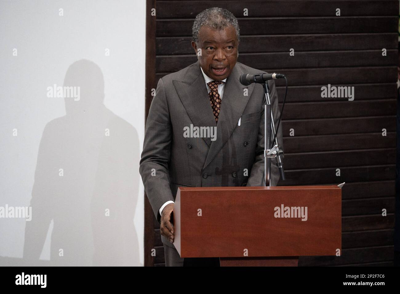 Jean Jacques Muyembe delivers his speech during the French President