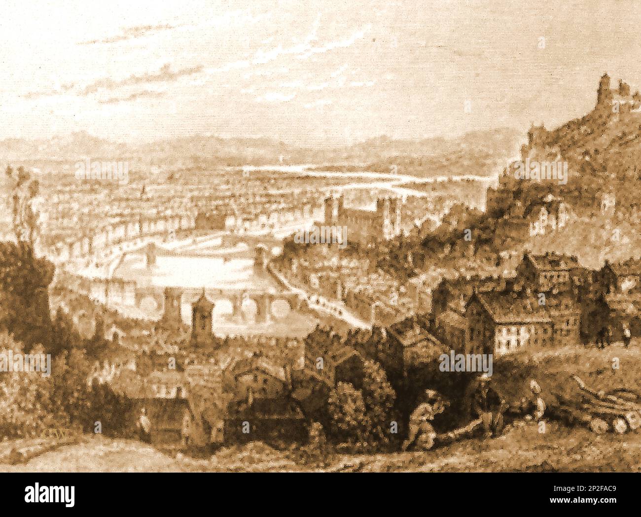 A early distant  view of Lyons  (Lyon), France, painted to highlight the river ----  Une première vue lointaine de Lyon (Lyon), France, peinte pour mettre en valeur le fleuve Stock Photo
