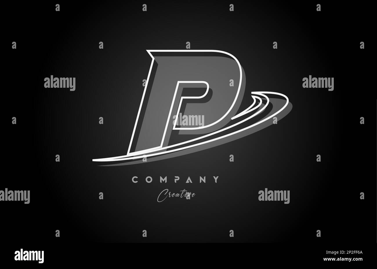 black and white P line alphabet letter logo icon design with swoosh and
