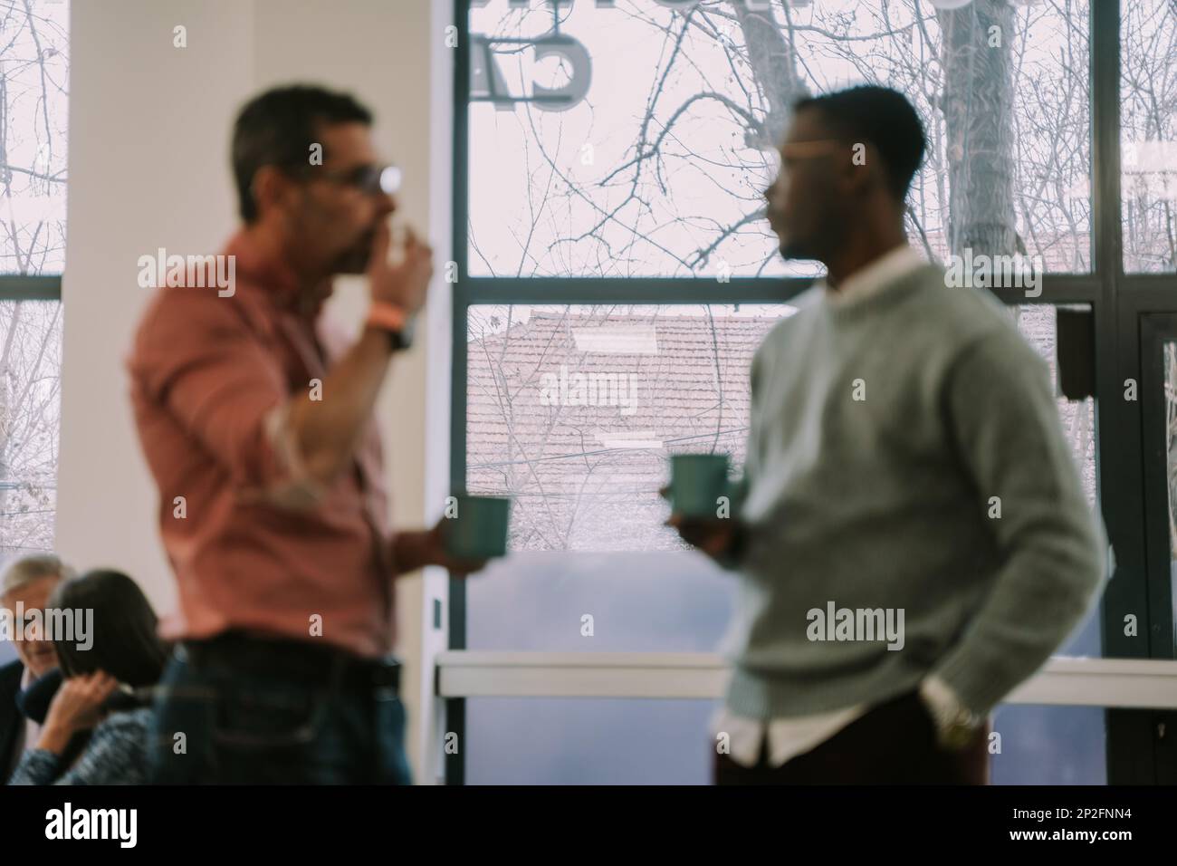 Two diverse coworkers making a plan for their next client on the internet at the office Stock Photo