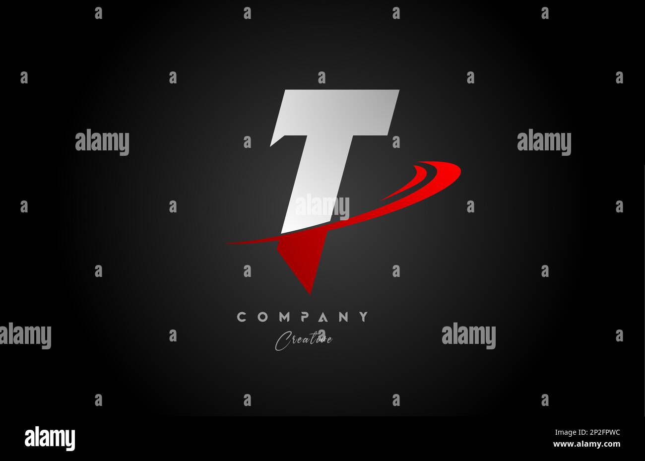 red swoosh T alphabet letter logo icon design with black grey color ...