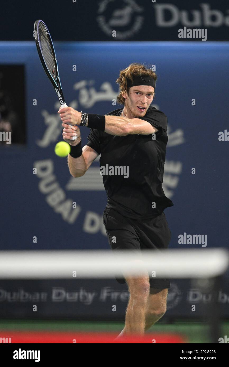 DUBAI, UAE, 4th March 2023. 2022 champion Andrey Rublev in action during  the men's singles final of the Dubai Duty Free Tennis Open Championships.  3rd seed Daniil Medvedev defeated Rublev 6-2, 6-2