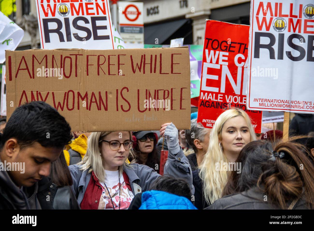 London, UK - March 4, 2023: Thousands of women marched in central London towards Trafalgar Square in protest against male violence and for gender equality. The march and rally were part of the annual Million Women Rise event held to commemorate International Women's Day. Credit: Sinai Noor/Alamy Live News Stock Photo