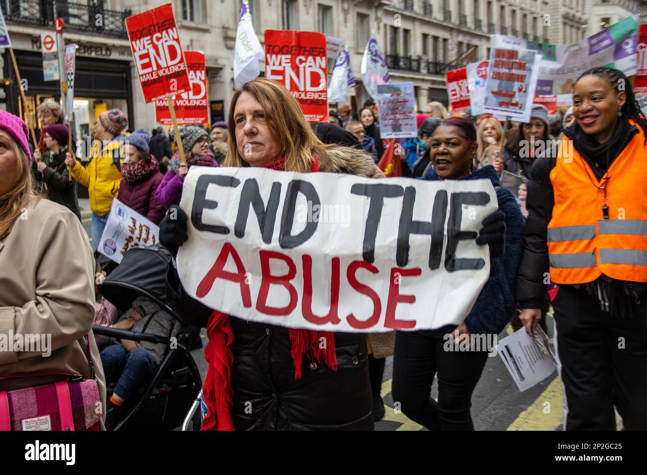London, UK - March 4, 2023: Thousands of women marched in central London towards Trafalgar Square in protest against male violence and for gender equality. The march and rally were part of the annual Million Women Rise event held to commemorate International Women's Day. Credit: Sinai Noor/Alamy Live News Stock Photo