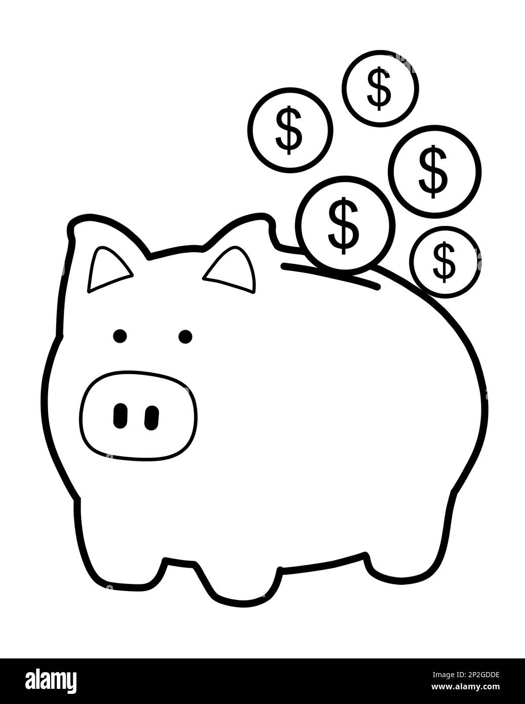 Black and white illustration drawing of piggy bank with US dollar money