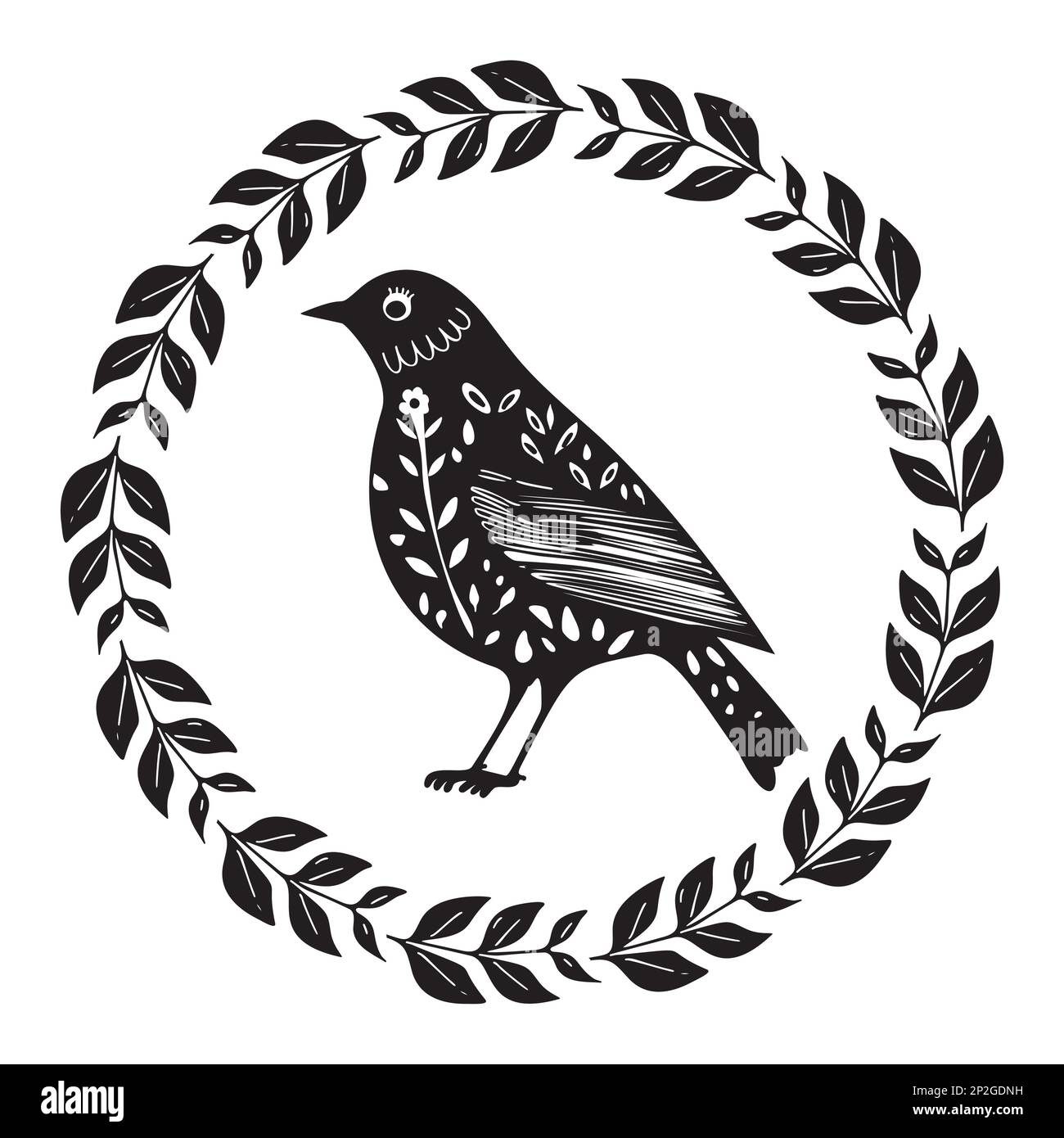 Cute bird vector icon in wreath. Low brow wildlife motif in scnadi style.  Stock Vector