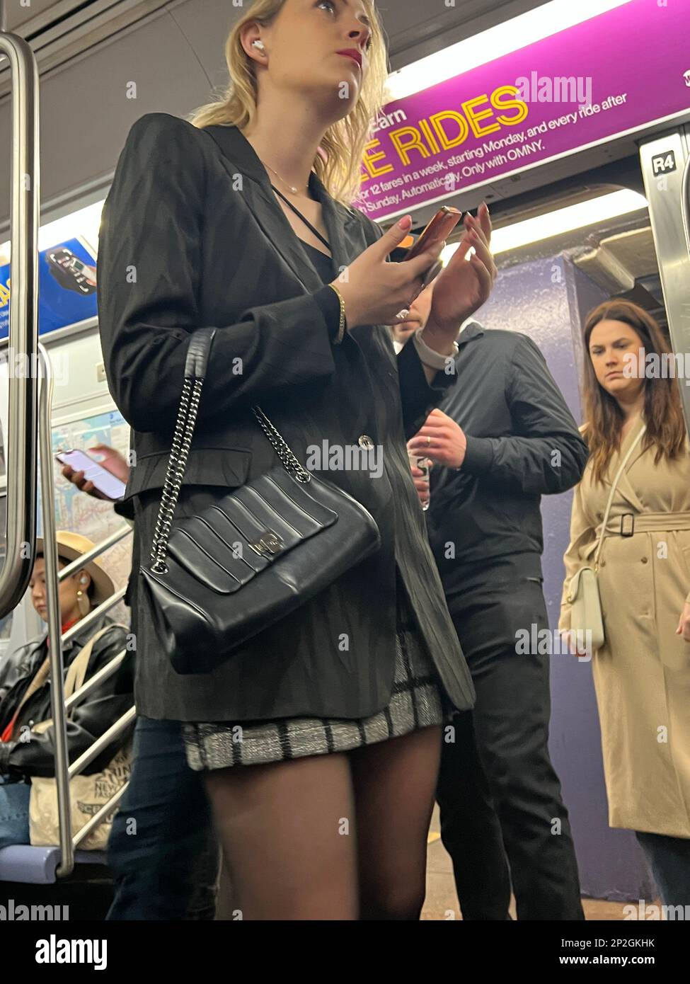 Standing on a subway train in New York City. Stock Photo