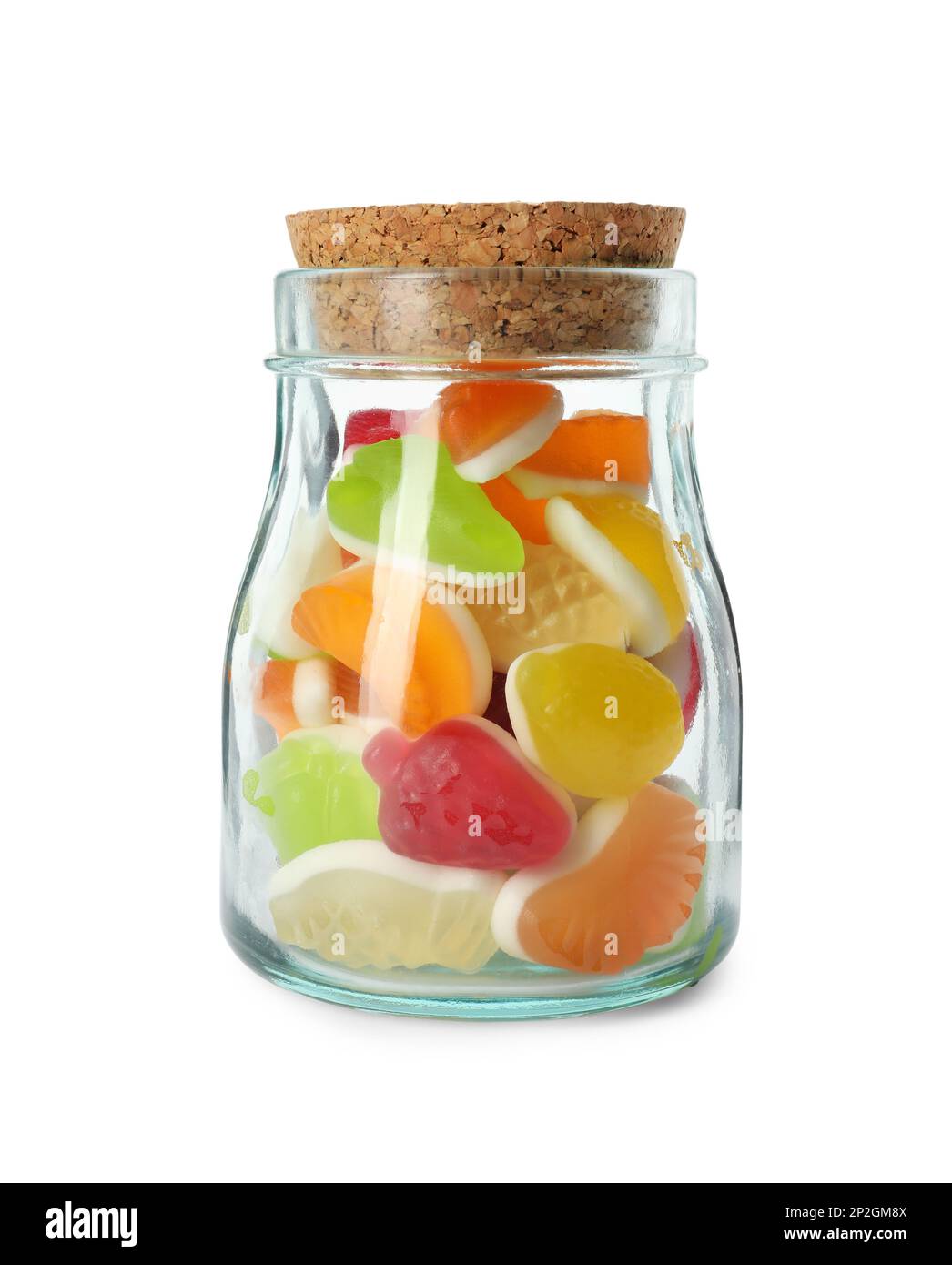 Delicious gummy fruit shaped candies in jar isolated on white Stock ...