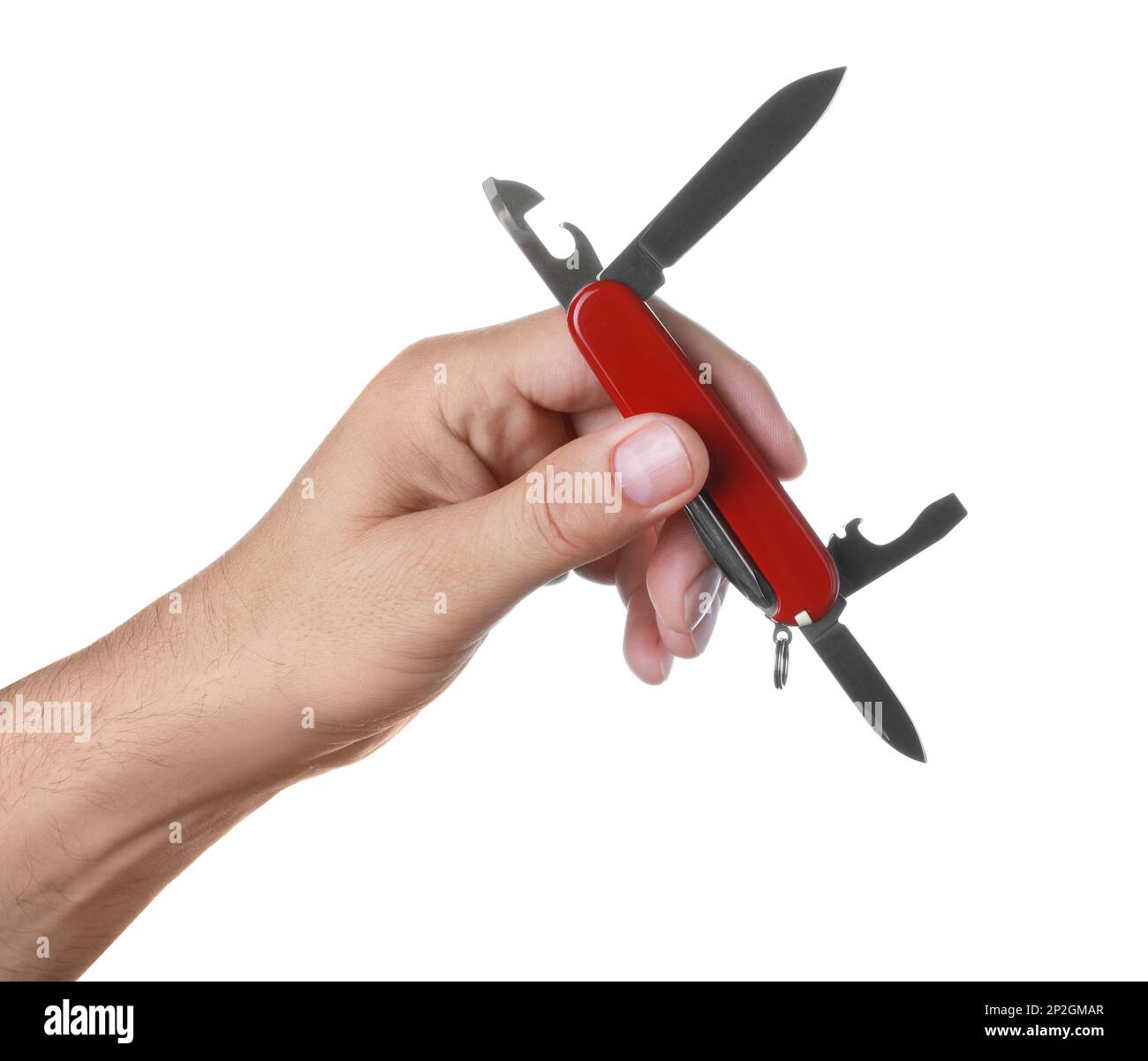 Man holding multitool on white background, closeup Stock Photo