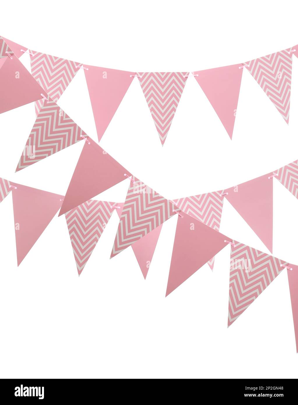 Rows of triangular bunting flags on white background. Festive decor ...