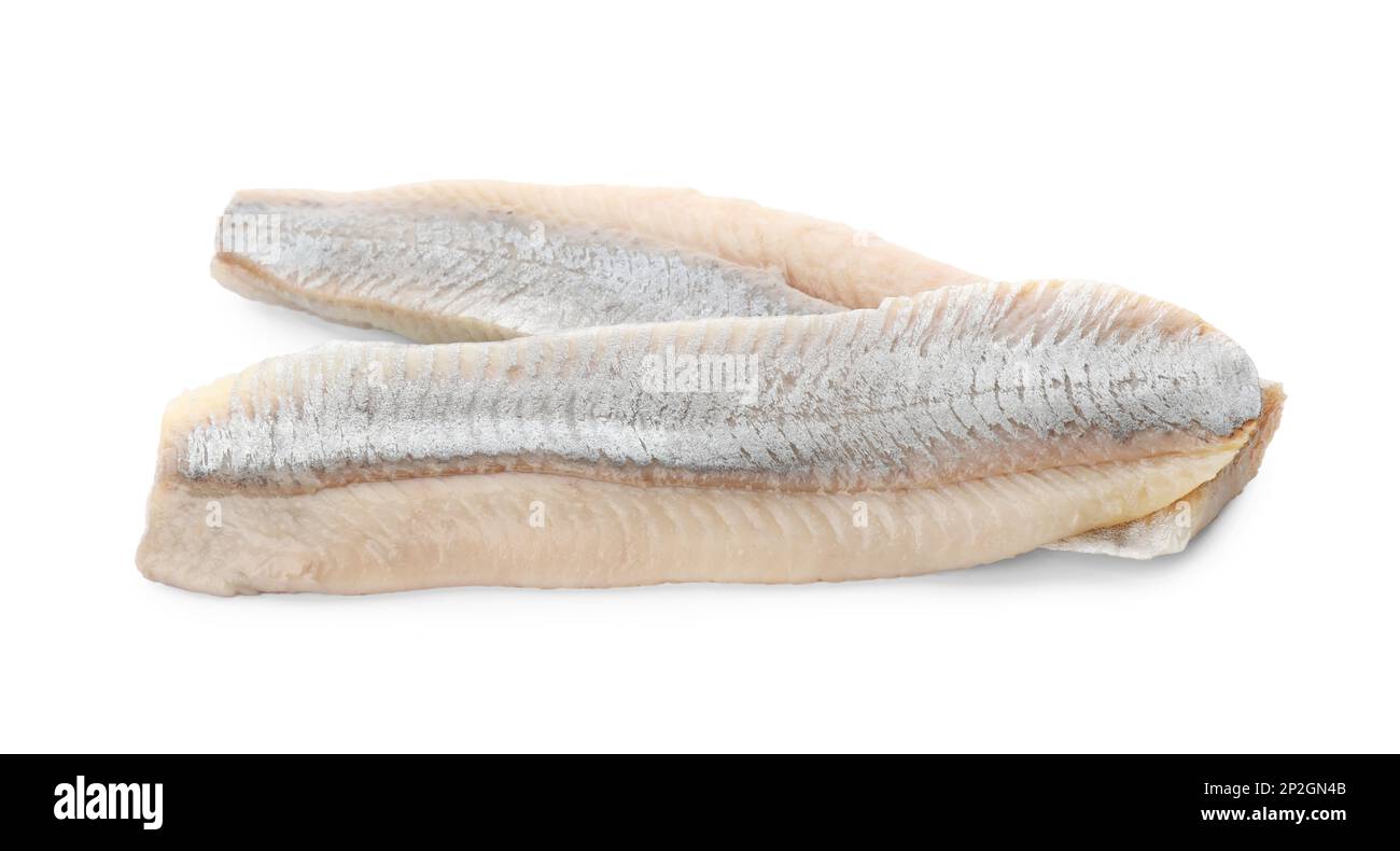 Delicious salted herring fillets on white background Stock Photo Alamy