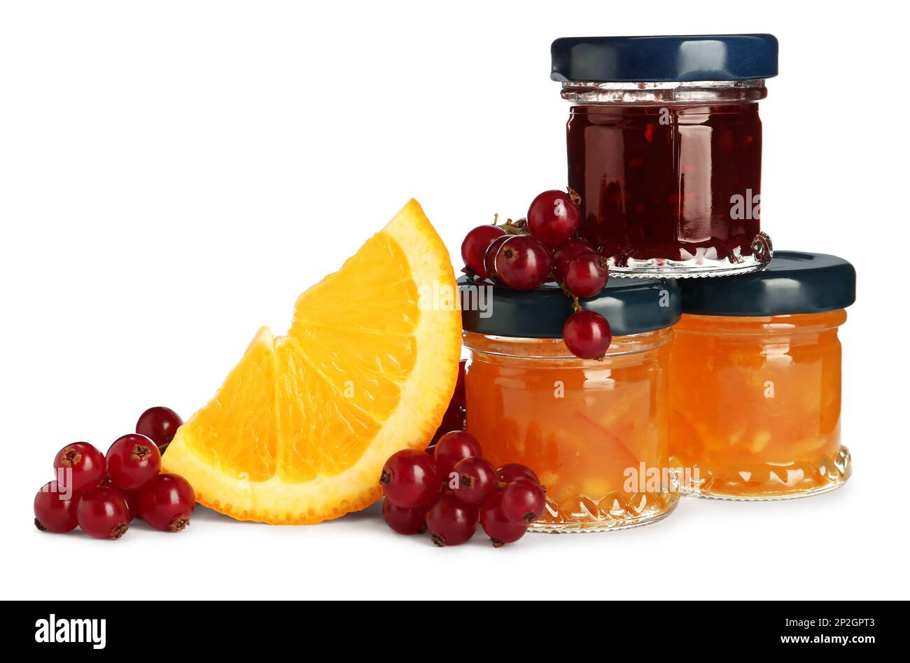 Jars with different jams and fresh ingredients on white background ...