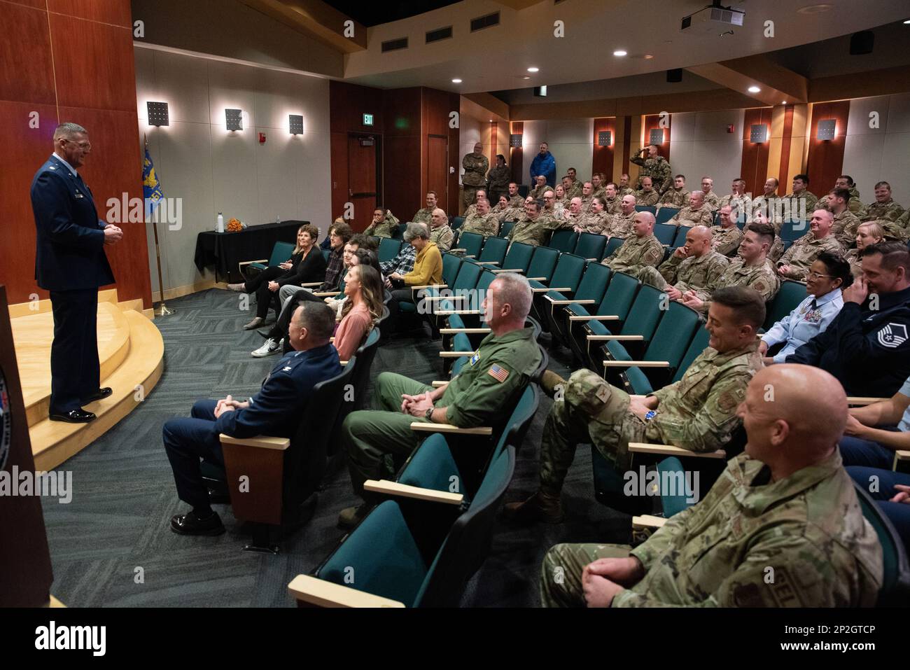 U.S. Air Force Maj. Christopher Foote, assumes command of the 151st Security Forces Squadron during a ceremony on Feb 6, 2023 at Roland R. Wright Air National Guard Base in Salt Lake City. Stock Photo