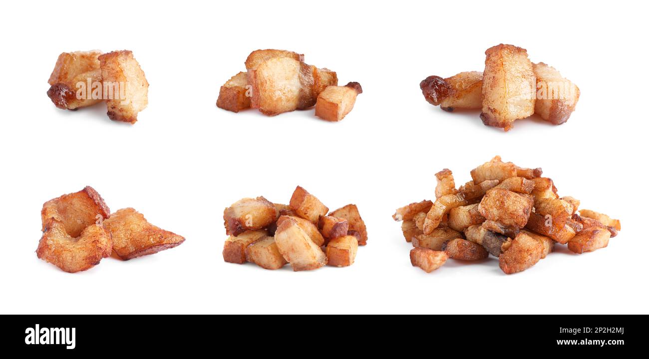 Set with tasty fried cracklings on white background. Cooked pork lard