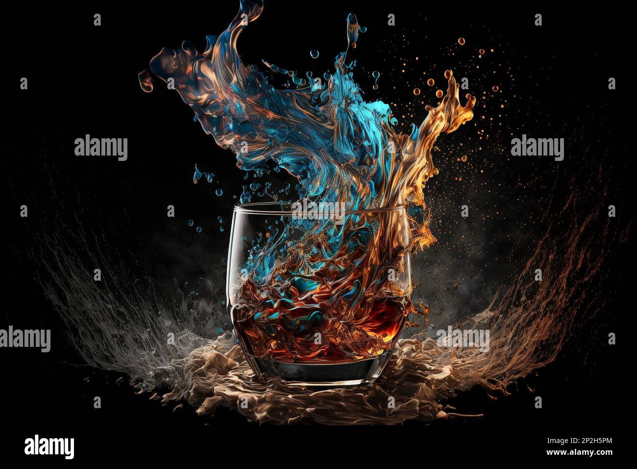 Whiskey or Rum Splashing out of a Glass on Black background and  reflections. slow motion Alcohol luxury. Generative AI Stock Photo - Alamy