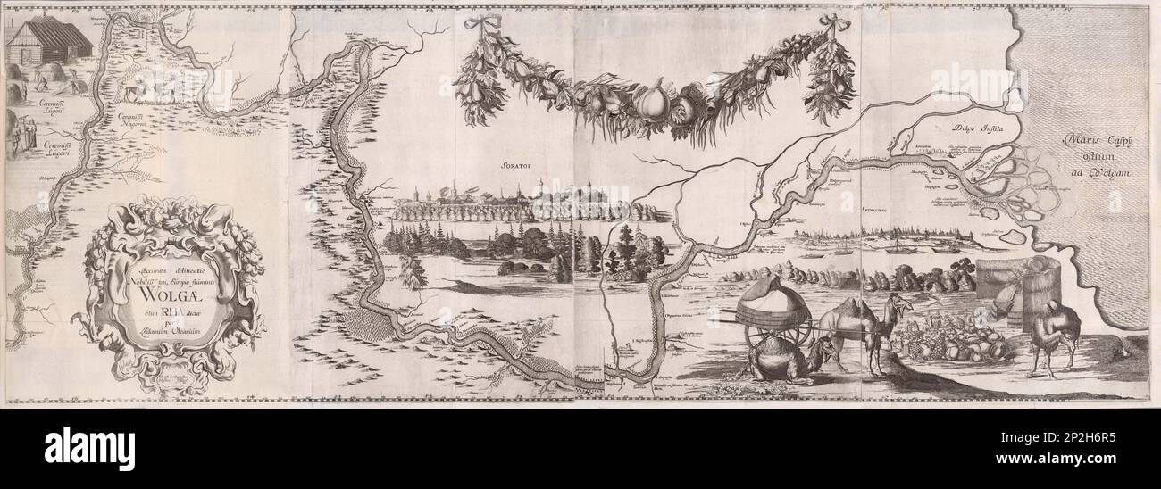 Pictorial map of the Volga River (Illustration from Travels to the Great Duke of Muscovy and the King of Persia by Adam Olearius, 1634. Private Collection. Stock Photo