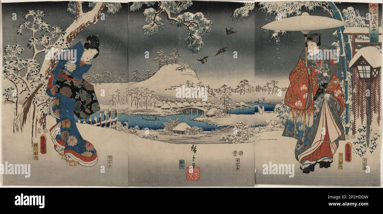 A modern version of the Tale of Genji in snow scenes (Furyu genji yuki no nagame), 1853. Private Collection. Stock Photo