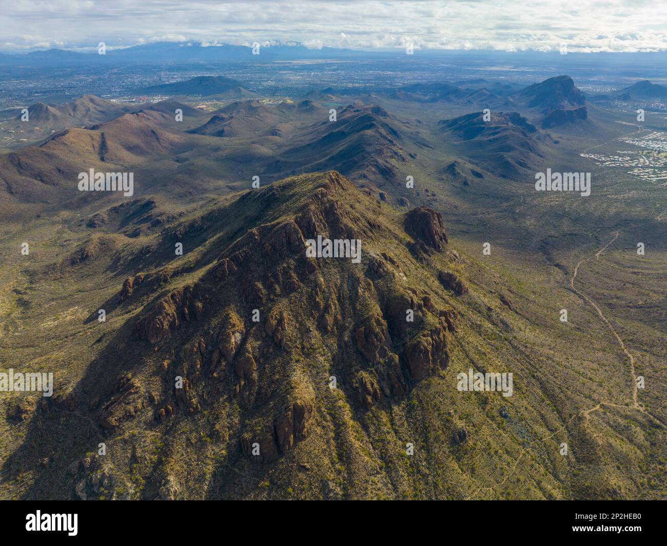 Bren peak and Ringtail Ridge in Tucson Mountains aerial view with Sonoran Desert landscape from Gates Pass near Saguaro National Park in city of Tucso Stock Photo