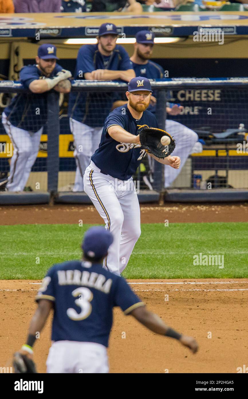 August 24, 2018: Milwaukee Brewers third baseman Mike Moustakas #18 during  the Major League Baseball game between the Milwaukee Brewers and the  Pittsburgh Pirates at Miller Park in Milwaukee, WI. John Fisher/CSM