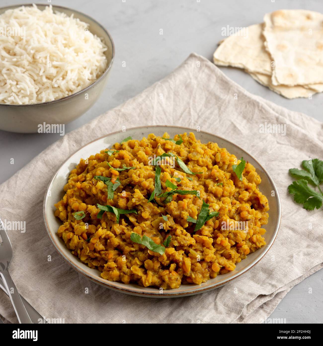 Homemade Red Lentil Dahl with Rice and Cilantro on a gray background, side view Stock Photo Alamy