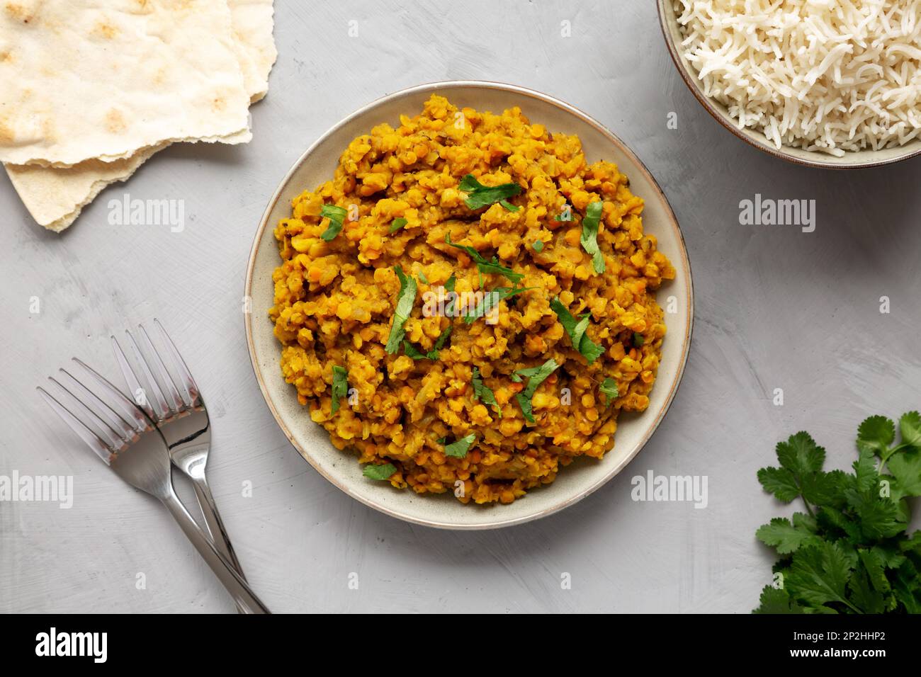 Homemade Red Lentil Dahl with Rice and Cilantro on a gray background ...